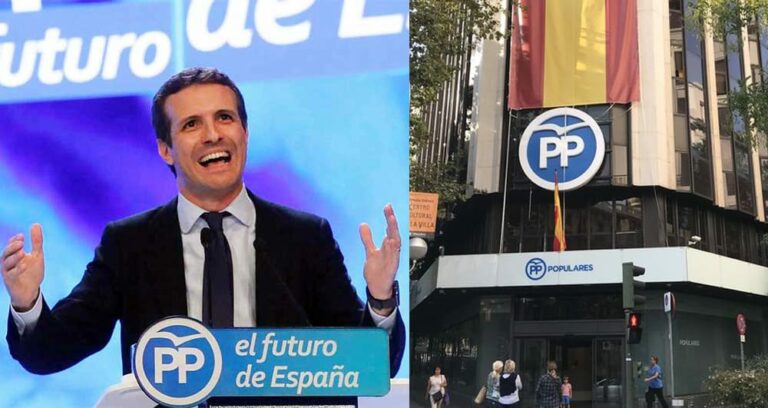 Los ciudadanos en peligro al intentar colocar la cara de Pablo Casado en la fachada de Génova 13