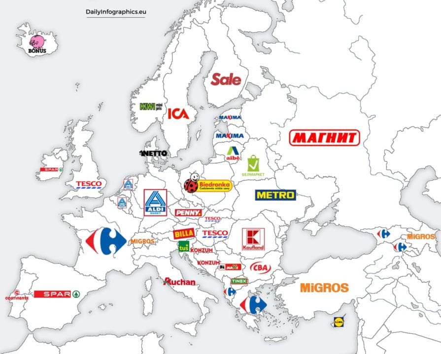Mapa de supermercados más importantes por países europeos - Twitter.