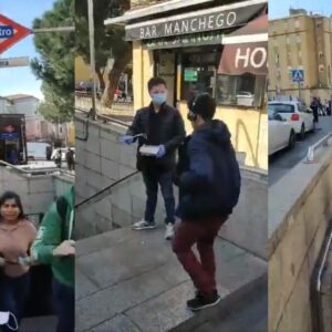Ciudadanos chinos reparten mascarillas en la boca del Metro de Madrid para frenar el coronavirus