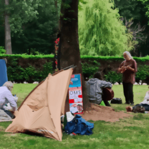 Montan una "comuna hippie conspiranoica" en un parque de Gijón