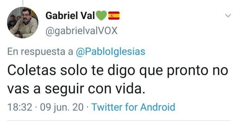 Un concejal de VOX a Iglesias: "Coletas solo te digo que pronto no vas a seguir con vida"
